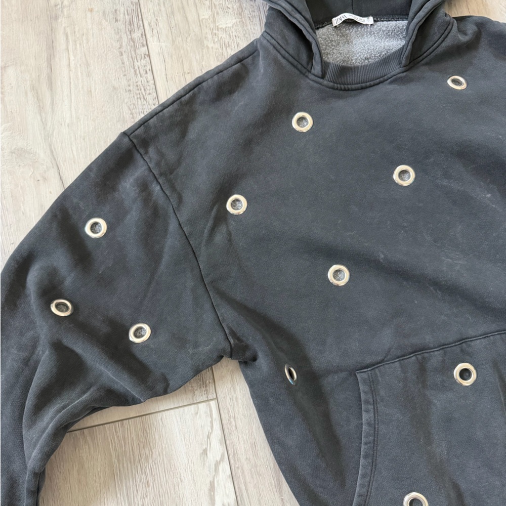 Zara Acid Mineral Wash Black Metal Circle Hoodie size women’s small - Picture 3 of 7